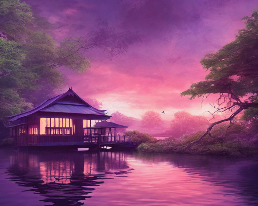 Tranquil traditional pavilion by calm lake with purple foliage under misty sunset sky