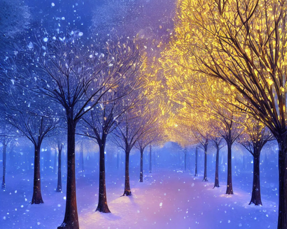 Winter Night Scene: Glowing Trees, Falling Snowflakes