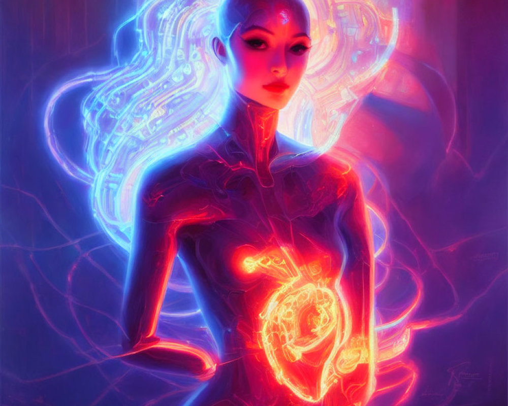 Stylized female figure with cybernetic features on neon background