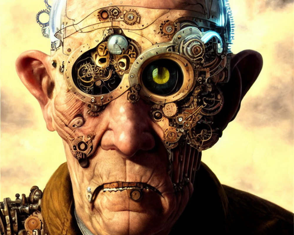 Elderly man with steampunk-style mechanical prosthetic on face