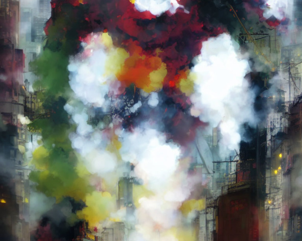 Vibrant abstract painting of urban scene with colorful smoke plumes and high-rise buildings.