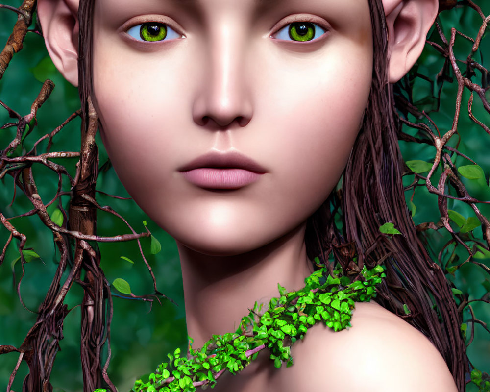 Detailed digital artwork of a fantasy female elf with pointed ears and green eyes, adorned with vines and leaves