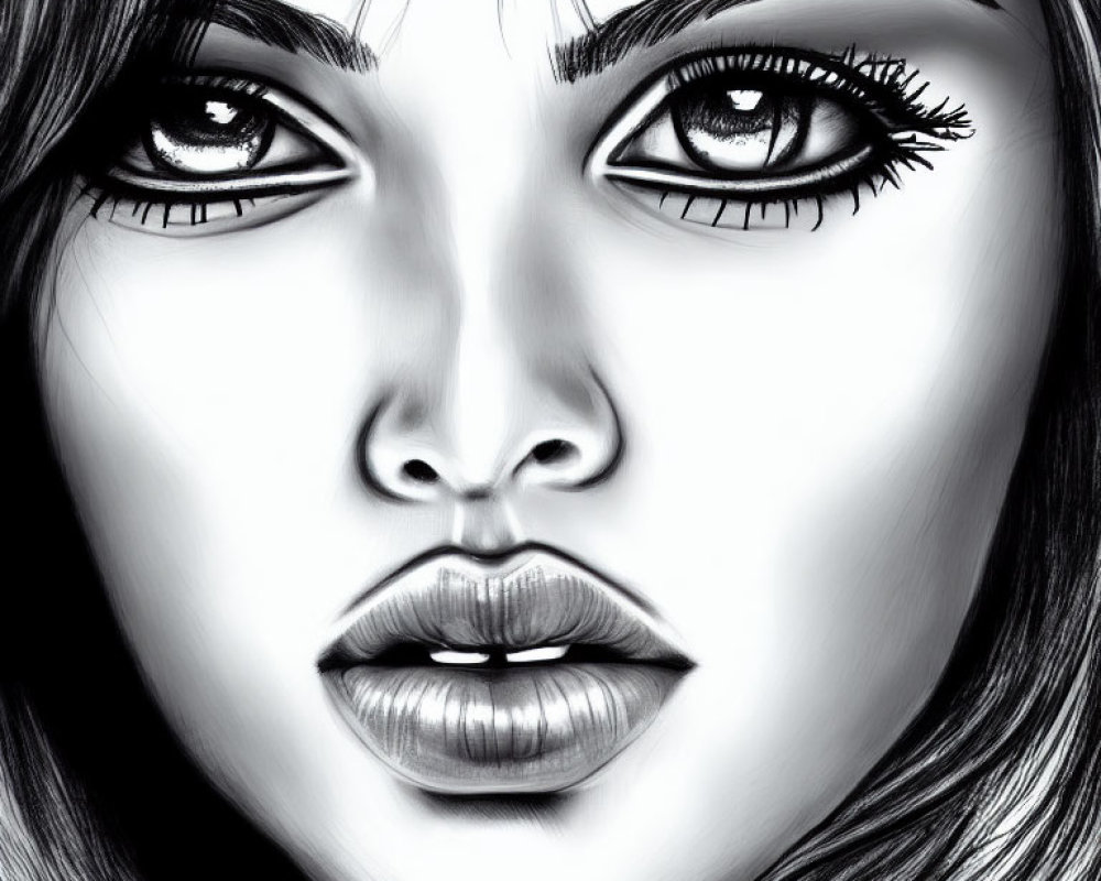 Detailed Black and White Digital Portrait of Woman's Eyes, Lips, and Hair