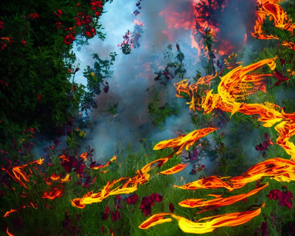 Swirling Flames Among Greenery and Flowers in Smoke-Hazed Sky