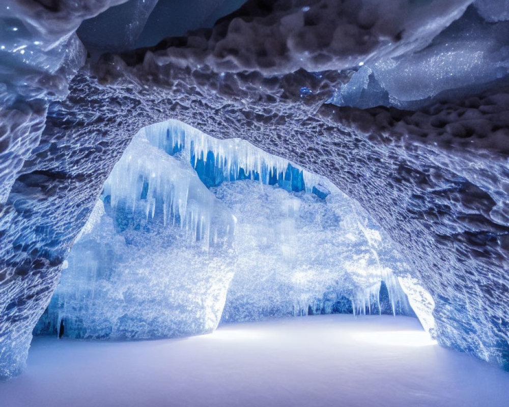 Ethereal Glowing Blue Ice Cave with Icicles and Textured Walls