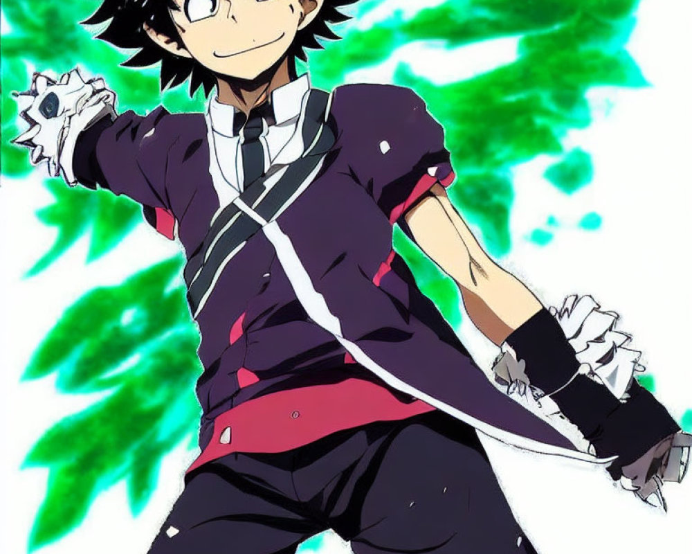 Anime character in black uniform with red belt and green power.