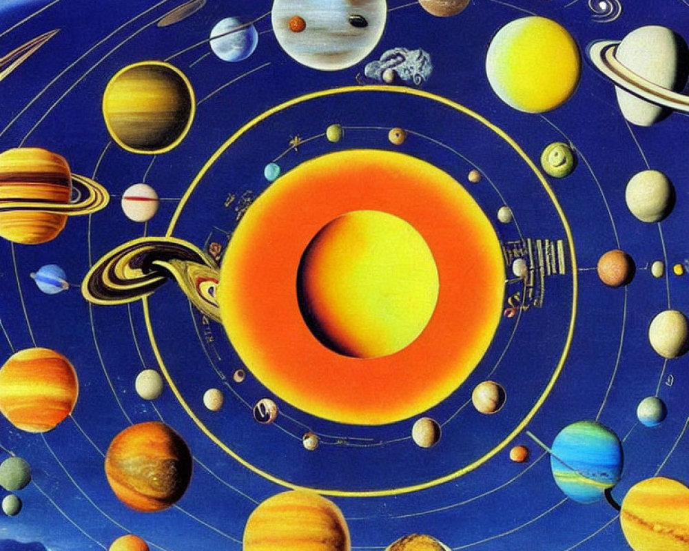 Colorful Solar System Artwork with Orbiting Planets and Sun