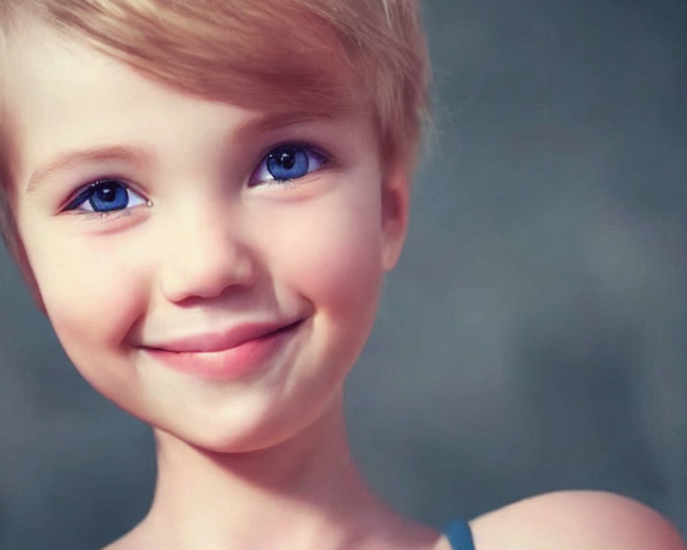 Smiling child with blue eyes and blonde haircut on blurred background