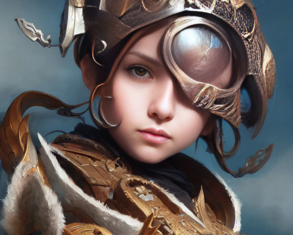 Fantasy armor helmet with intricate designs and monocular eyepiece on young person