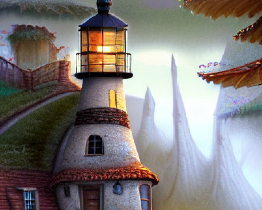 Lighthouse illustration with glowing beacon and misty landscapes