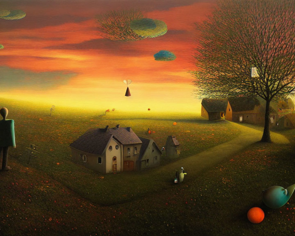 Vibrant sunset surreal landscape with floating islands and whimsical figures