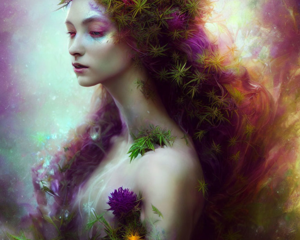 Woman with ethereal makeup adorned with green foliage and purple flowers in mystical setting