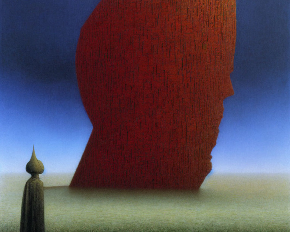 Surreal landscape with giant red head and small figure in peaked hat