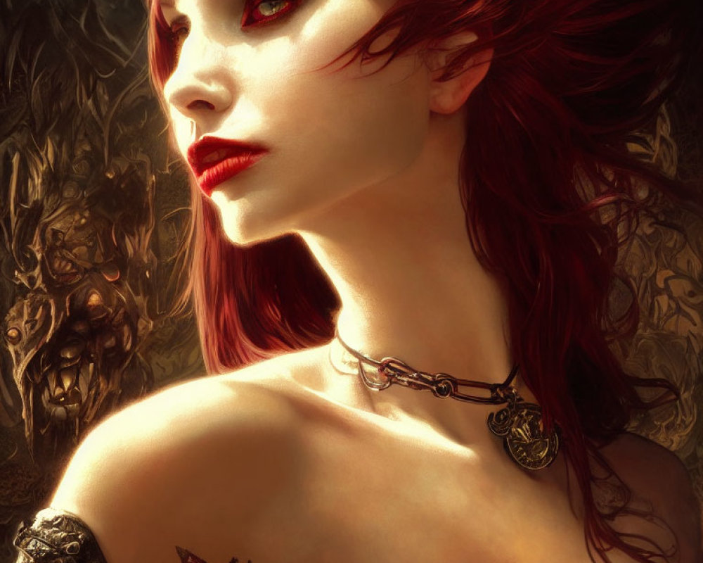 Illustration of woman with red eyes, flowing red hair, pale skin, gothic makeup, and