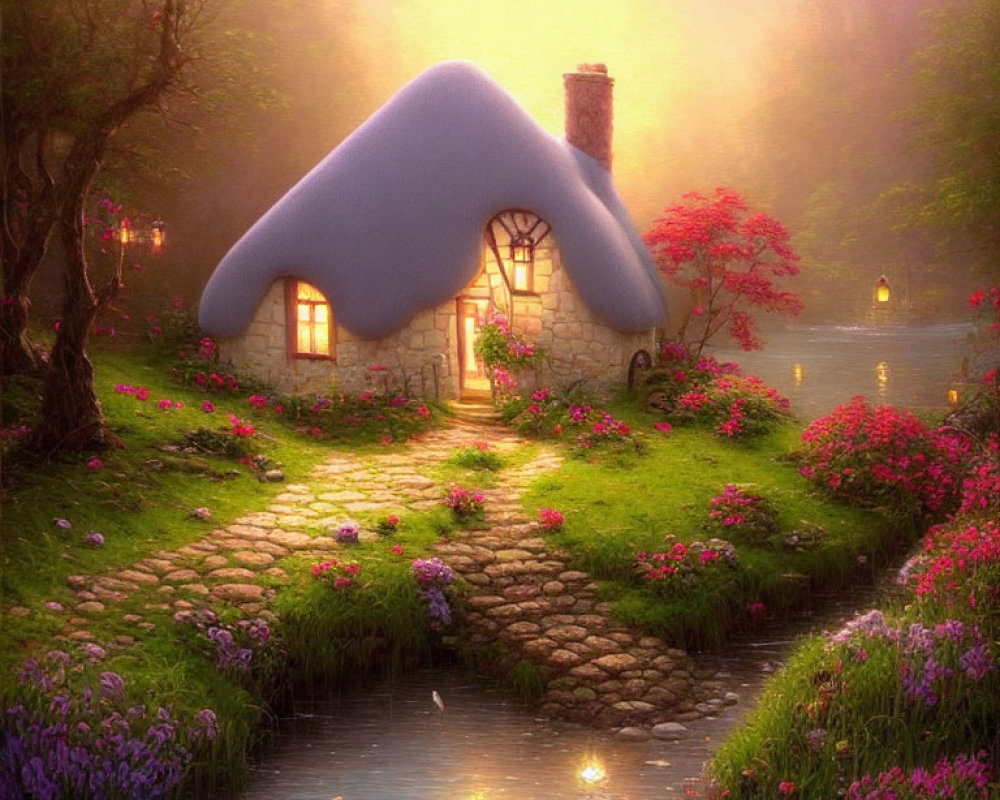 Charming Thatched Roof Cottage in Whimsical Garden at Dusk