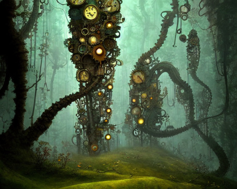 Enchanting forest scene with glowing bulbs and clock towers in misty green backdrop