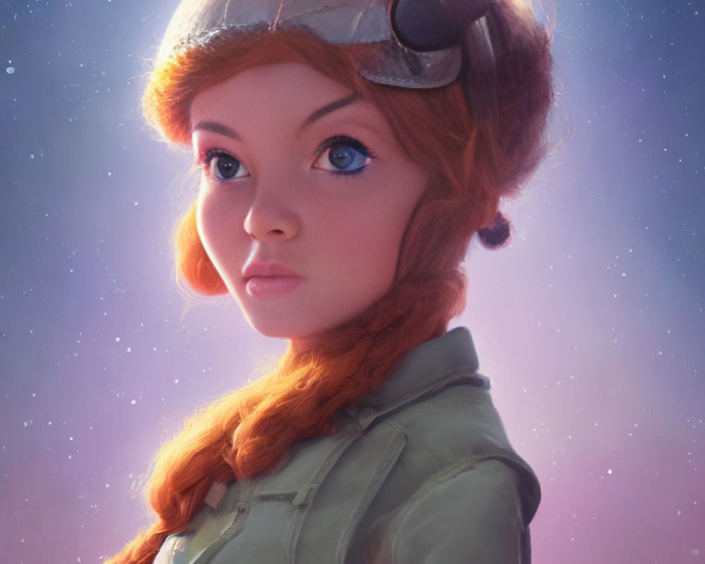 Red-haired woman in pilot's cap and goggles against starry sky