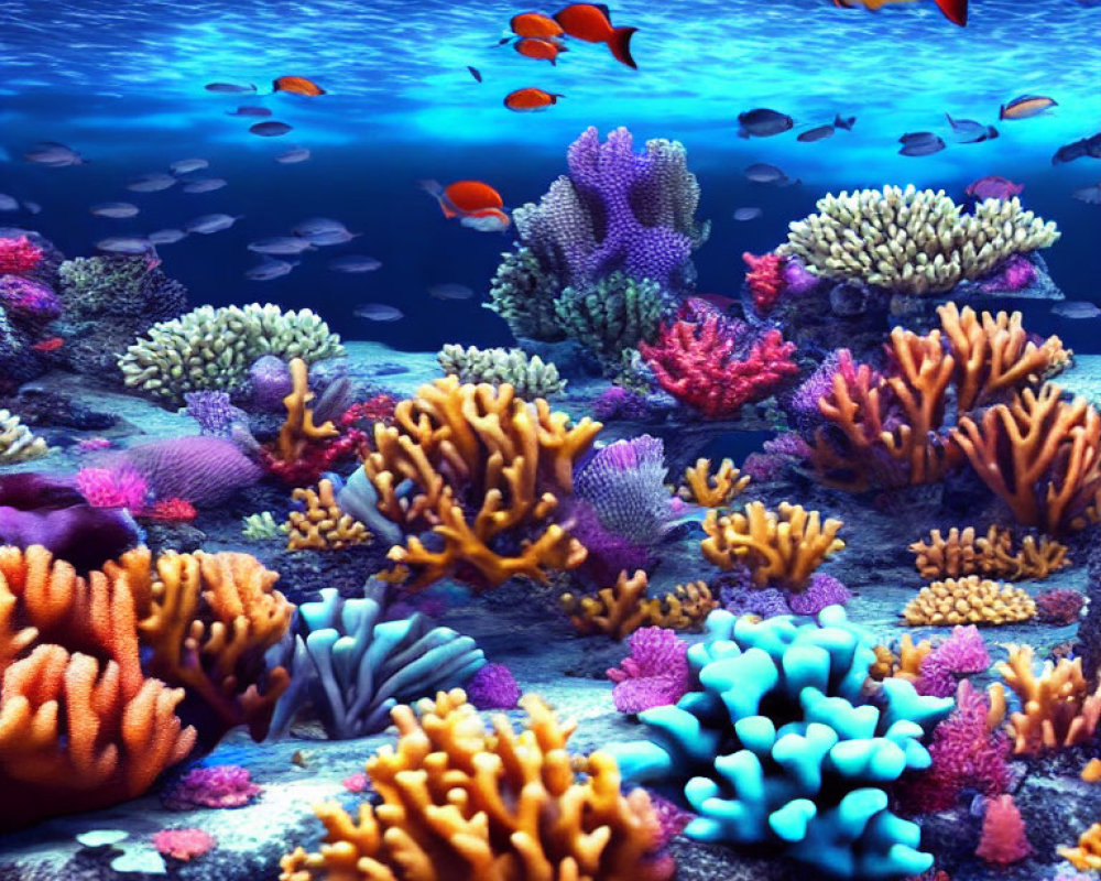 Vibrant Coral Reef with Tropical Fish in Sunlit Ocean