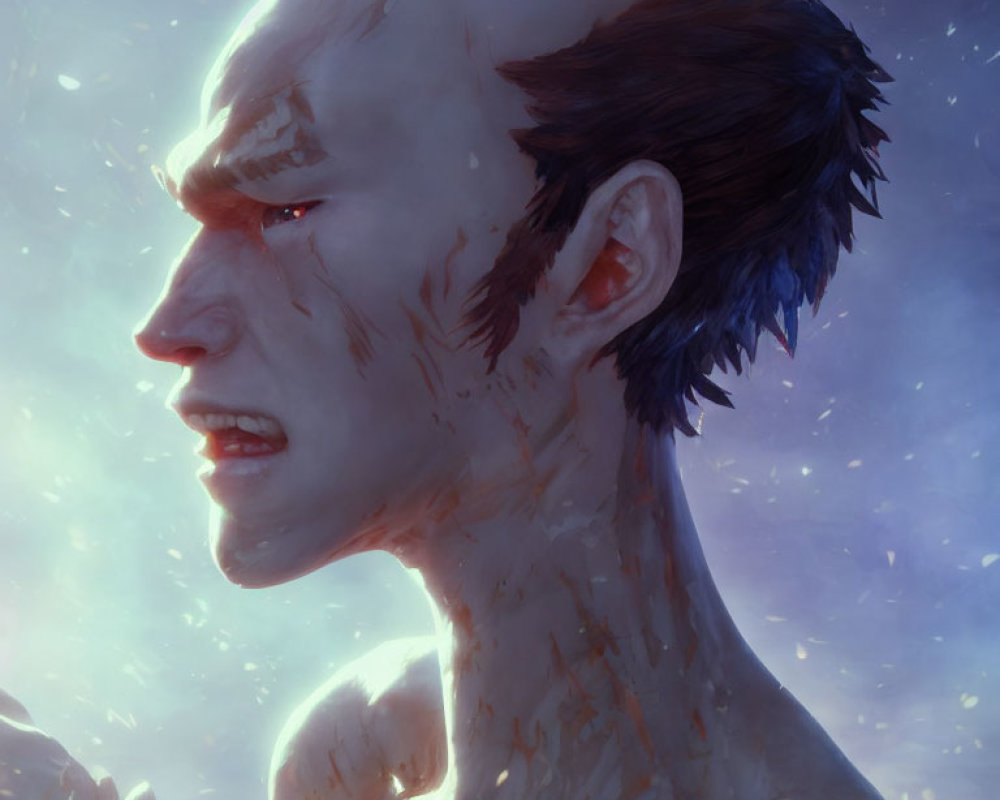 Intense male figure with shaved head and battle scars in digital art.