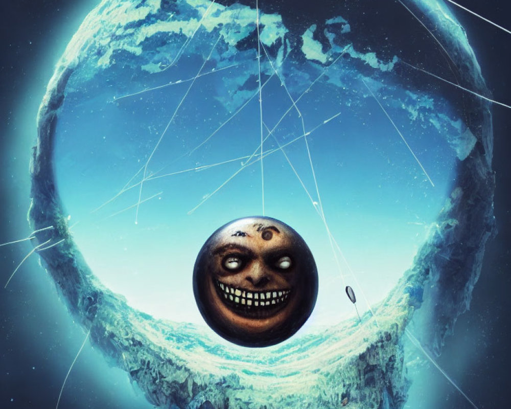 Menacing moon with face against ringed Earth and starry sky