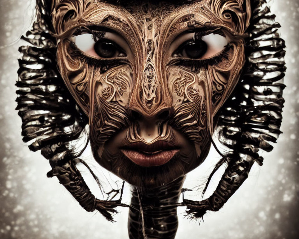 Intricate Golden Mask with Captivating Eyes on Grey Background