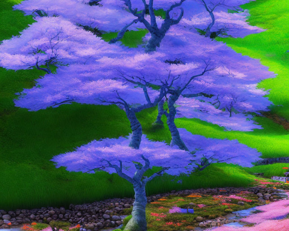 Surreal purple trees on verdant hillside with stream & pink petals