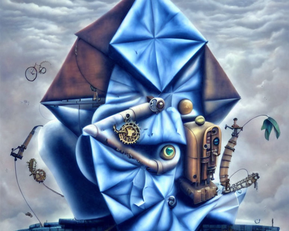 Surreal robotic figure manipulating shapes under cloudy sky