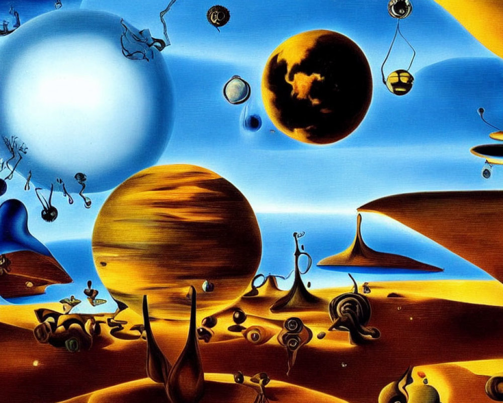 Surreal landscape featuring planets, melting objects, and musical elements under a blue sky with a lumin