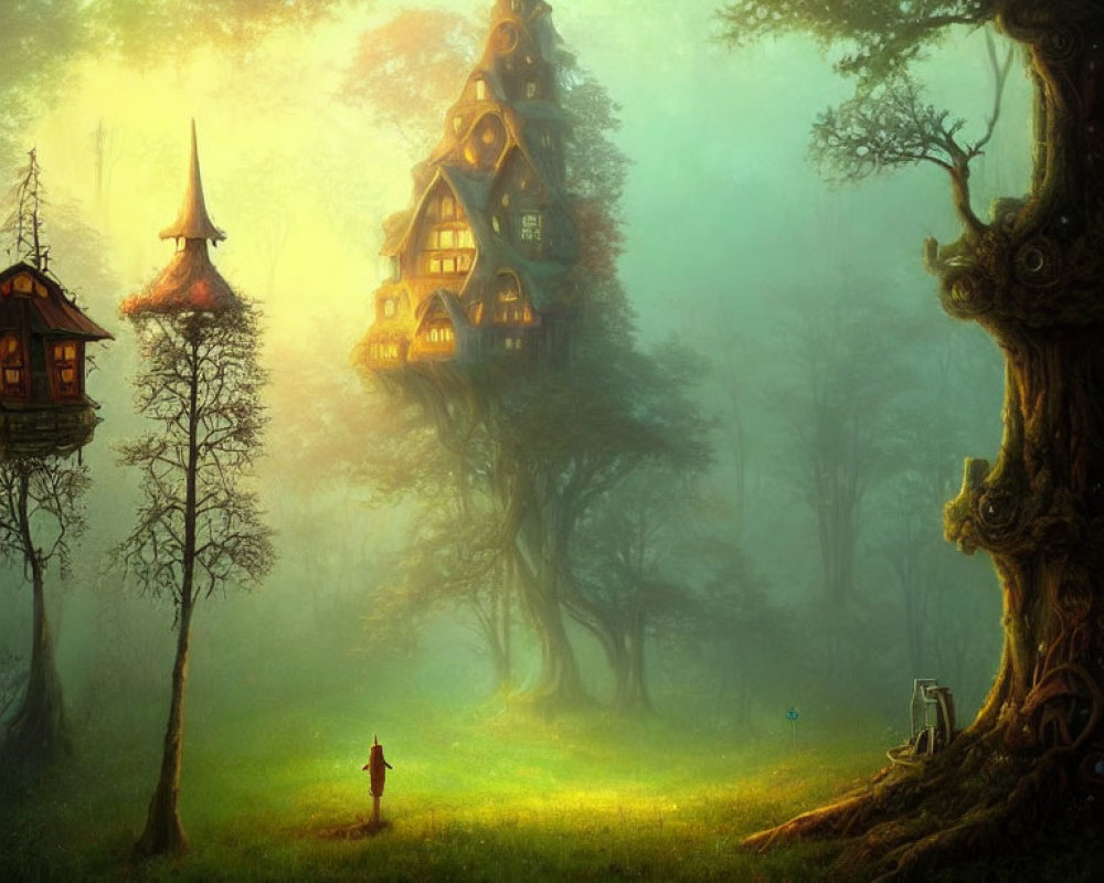 Person in Enchanted Forest with Whimsical Treehouses