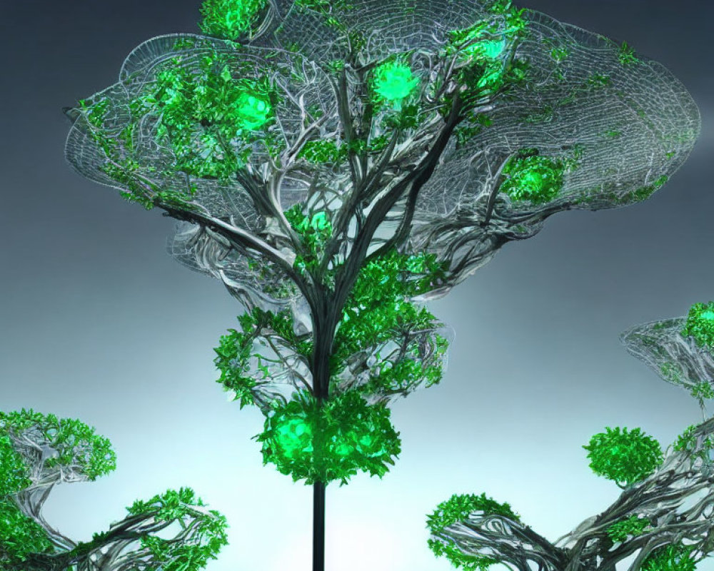 Futuristic digital artwork: Luminescent trees with glowing green leaves.