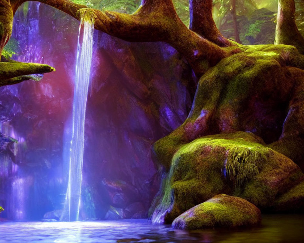 Tranquil forest scene with small waterfall and purple light