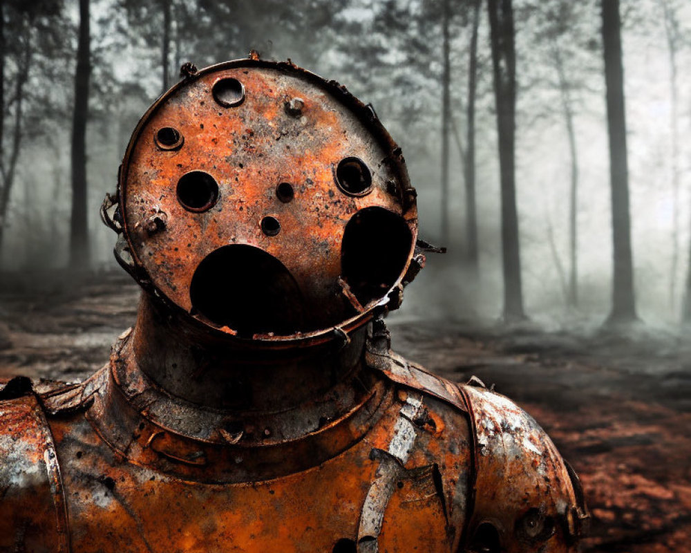 Vintage deep-sea diving suit in foggy forest setting