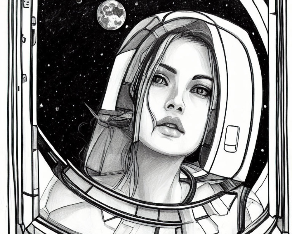 Monochromatic illustration of female astronaut gazing at moon from spacecraft.