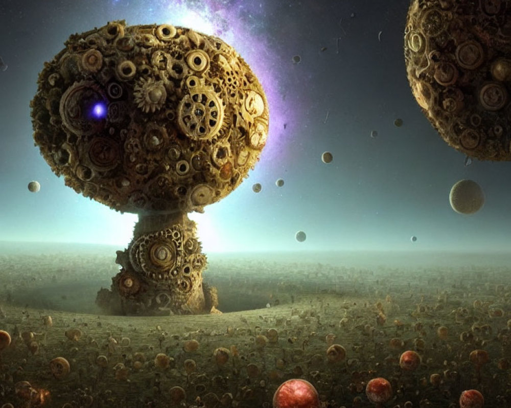 Surreal landscape: floating orbs of gears in golden light