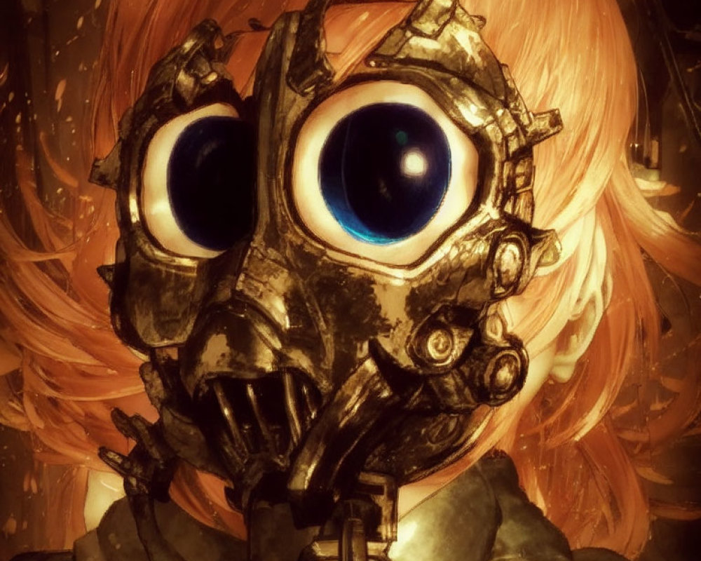 Steampunk gas mask with large eye lenses and orange-tinted hair portrait