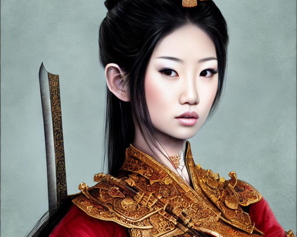 Digital portrait of woman as ancient warrior in golden armor with sword