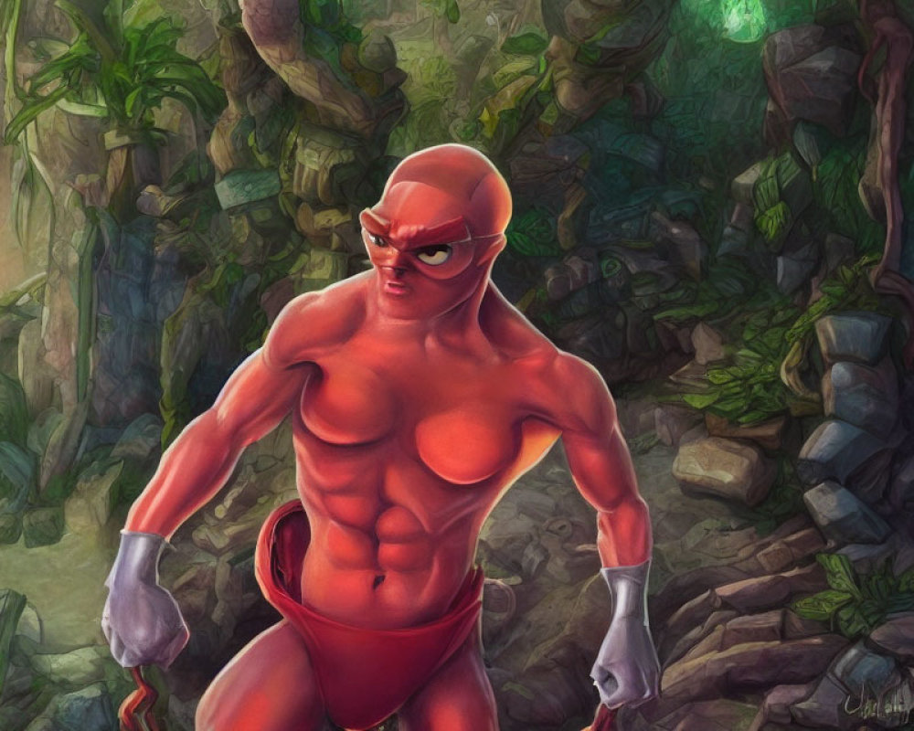 Red-skinned muscular character with mask and gloves in jungle ruins.