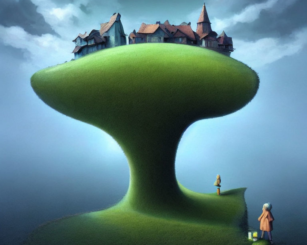 Surreal village on mushroom hill with figures under cloudy sky