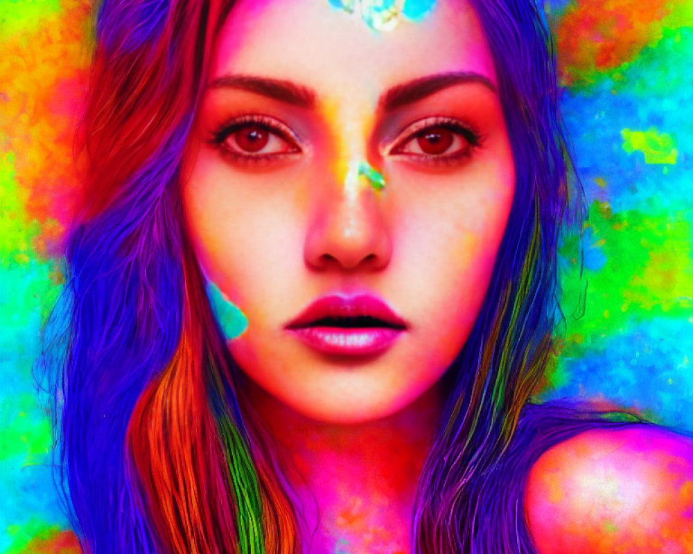 Colorful portrait of a woman with rainbow face paint and striking eyes