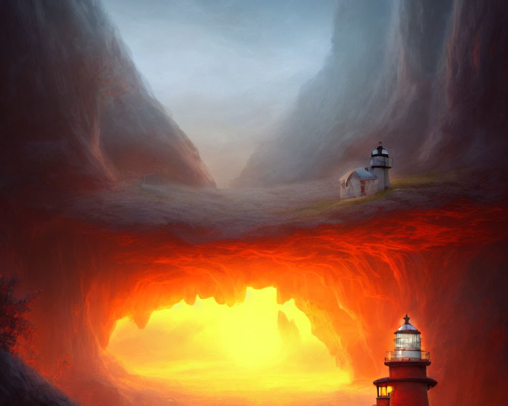 Surreal landscape with upper lighthouse and fiery cavern