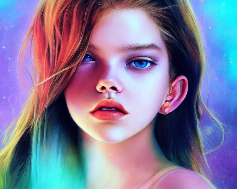 Colorful digital portrait of a girl with blue eyes and vibrant hair against a nebula backdrop