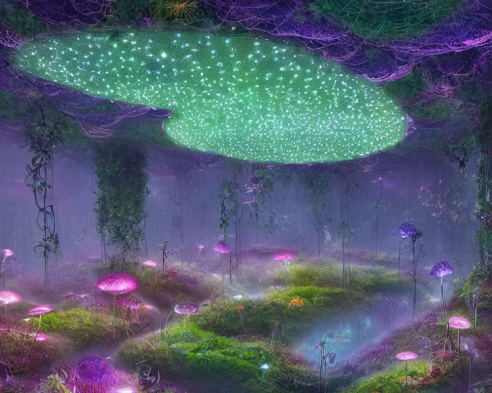 Enchanting Glowing Plants and Luminescent Canopy in Mystical Forest