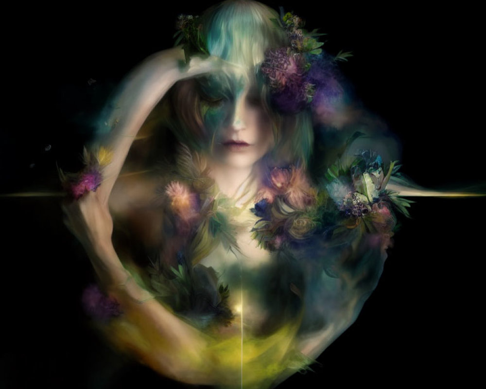 Semi-transparent woman with floral wreath in dreamlike setting