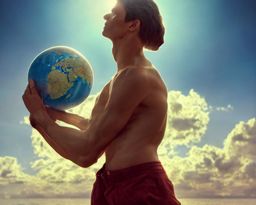 Muscular person holding globe on shoulder under cloudy sky