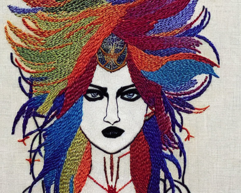 Colorful Fantasy Character Embroidery on Linen Background