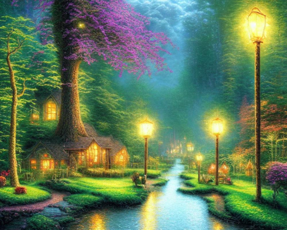 Enchanted forest scene with glowing river and street lamps