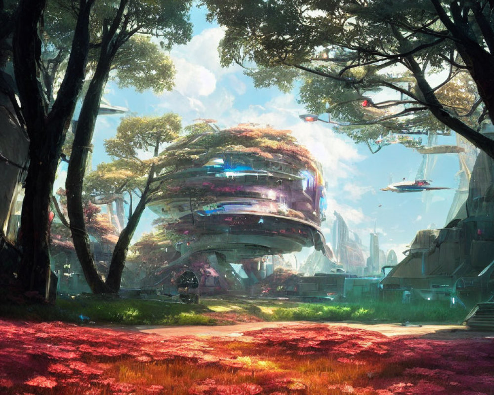 Futuristic cityscape with circular building, greenery, red foliage, and flying vehicles