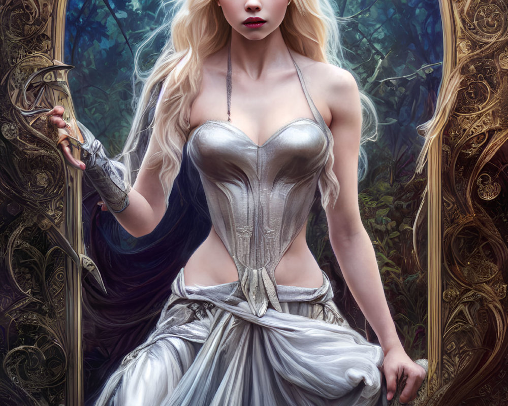 Fantasy Artwork: Pale Woman in Silver Corset with Curved Blade in Mystical Forest