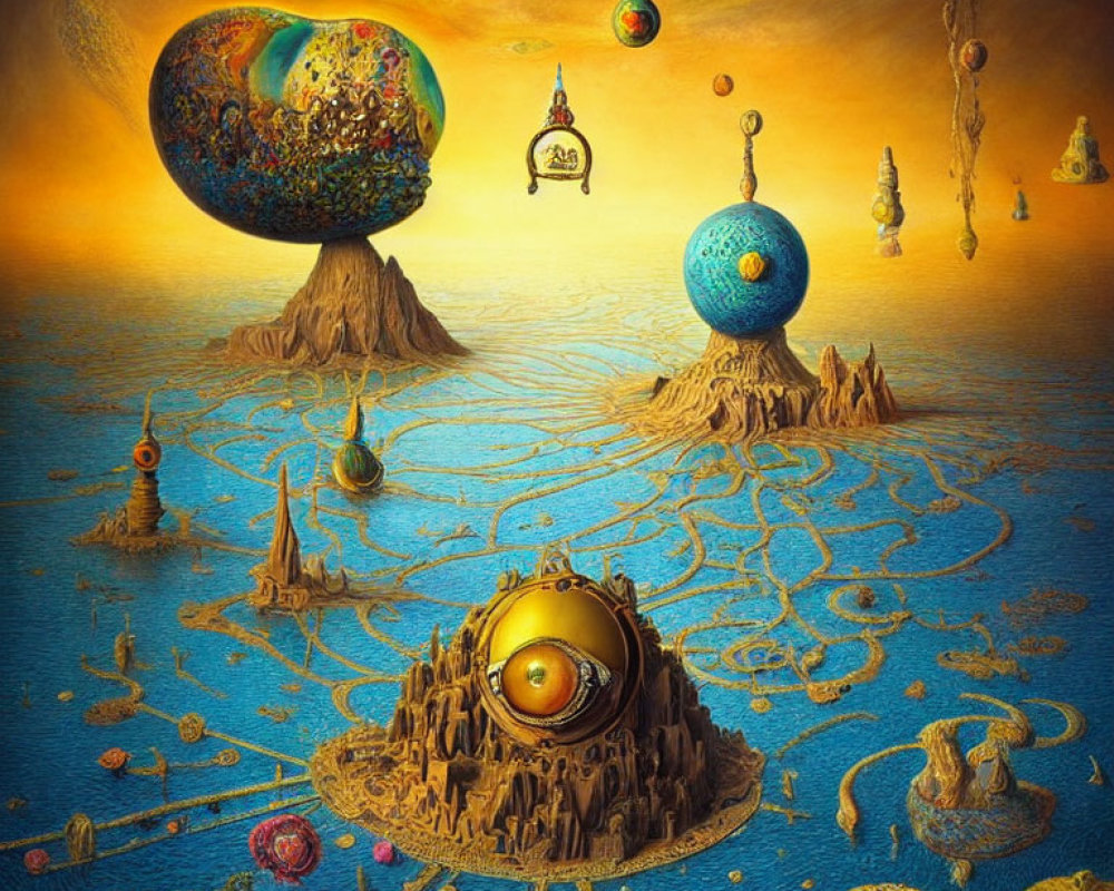 Surrealistic landscape with floating islands and colorful orbs