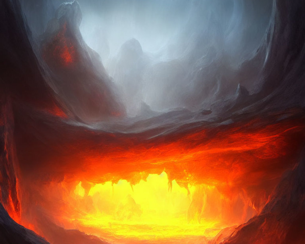 Vibrant red and orange digital art of fiery underground cavern